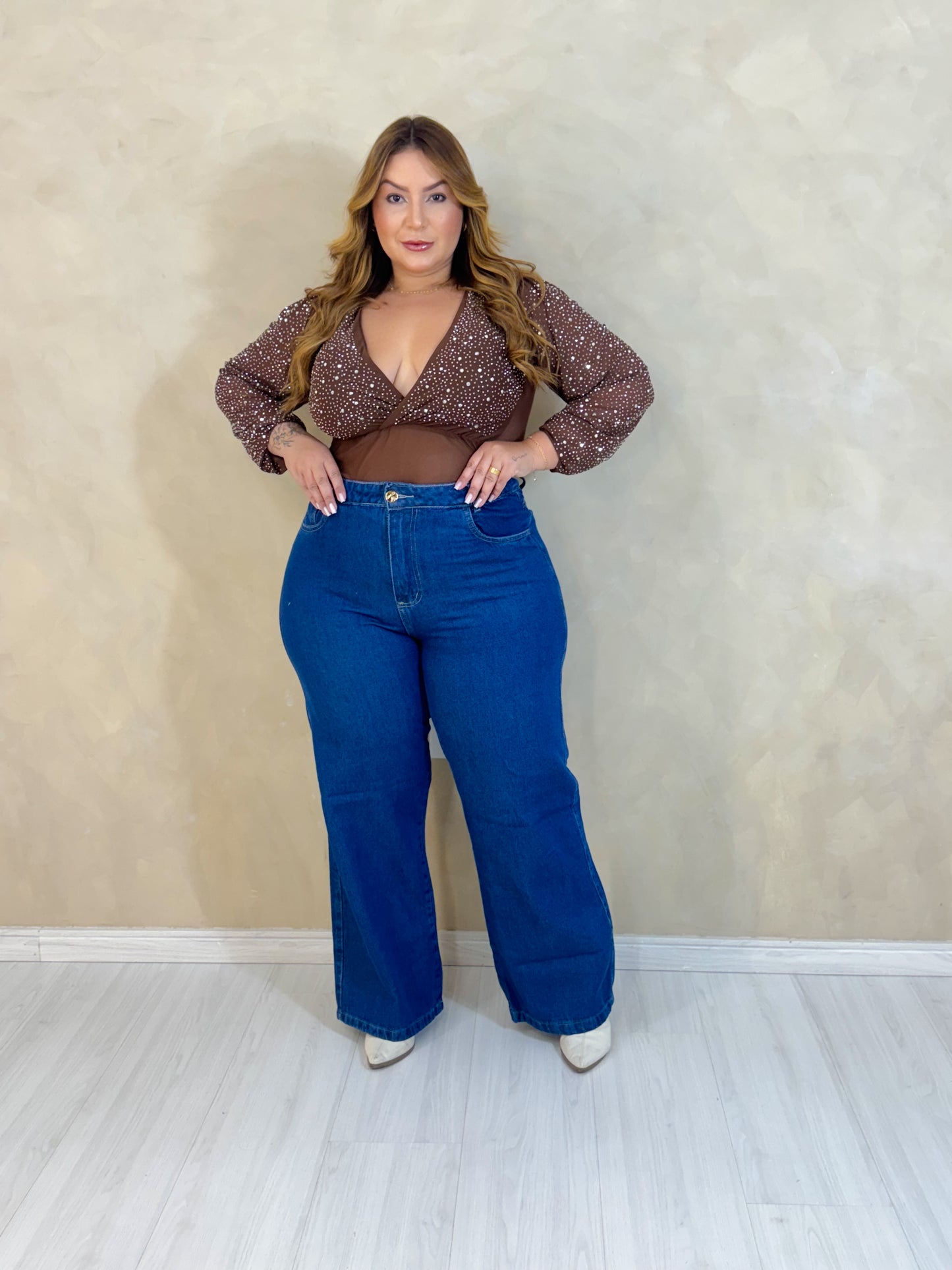 Body Plus Size Com Manga Em Tule - Cód. 0373