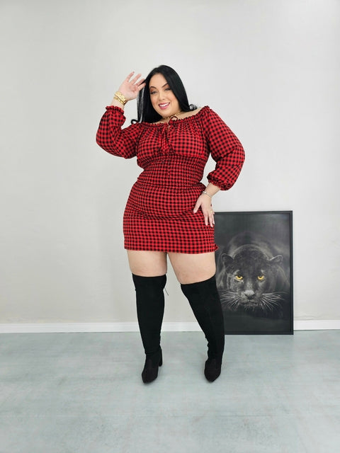 Vestido Plus Size em Lastex Vermelho Xadrez - Cód. 0277