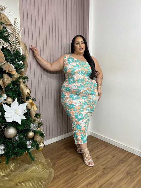 Vestido Plus Size Midi em Tecido Anarruga com Estampa Floral - Cód. 0308