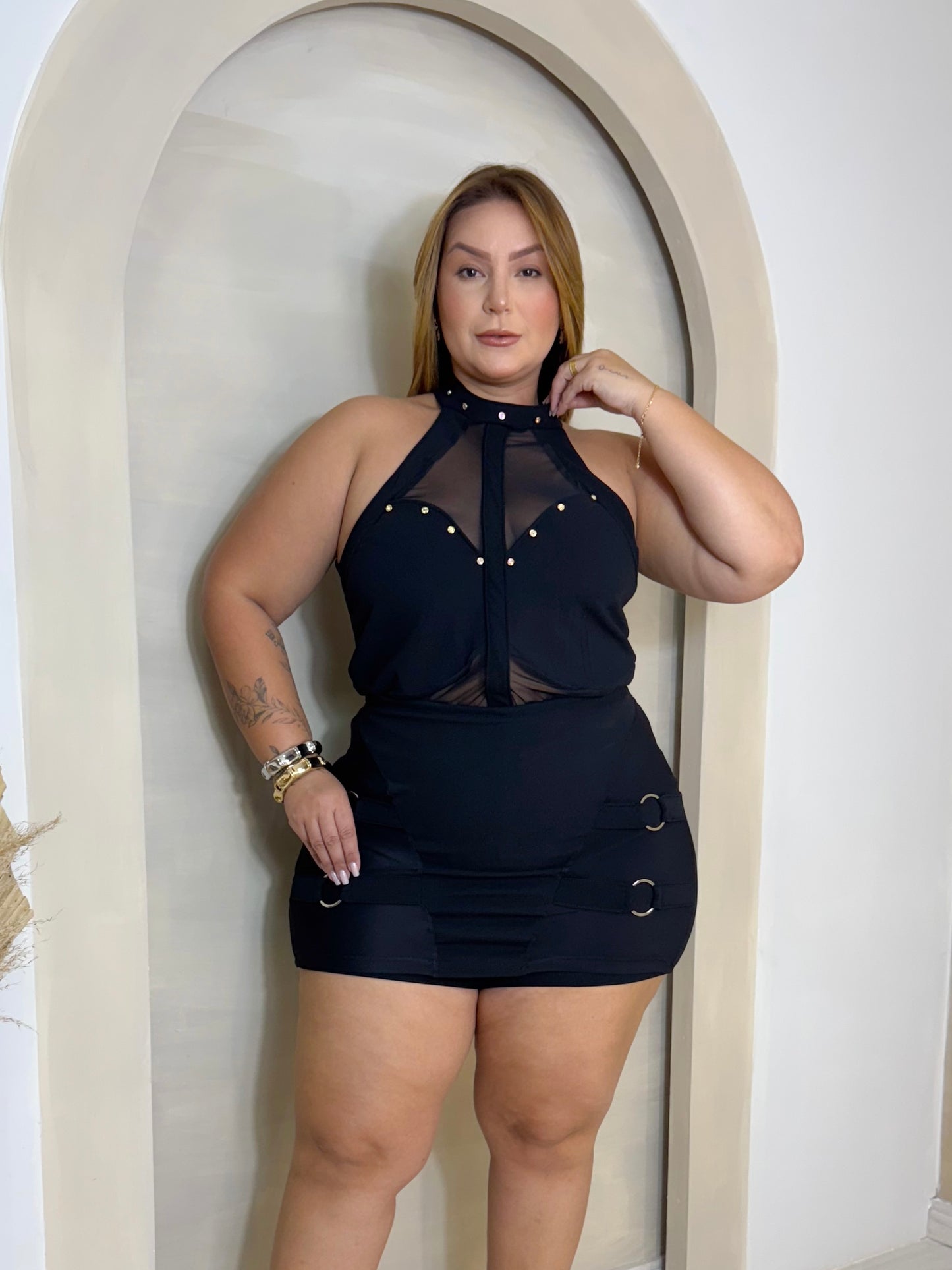 Conjunto Plus Size Preto Neoprene com Tule - Cód.0391