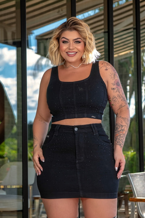 Cropped Plus Size Jeans com Elastano Preto - Cód. 0142