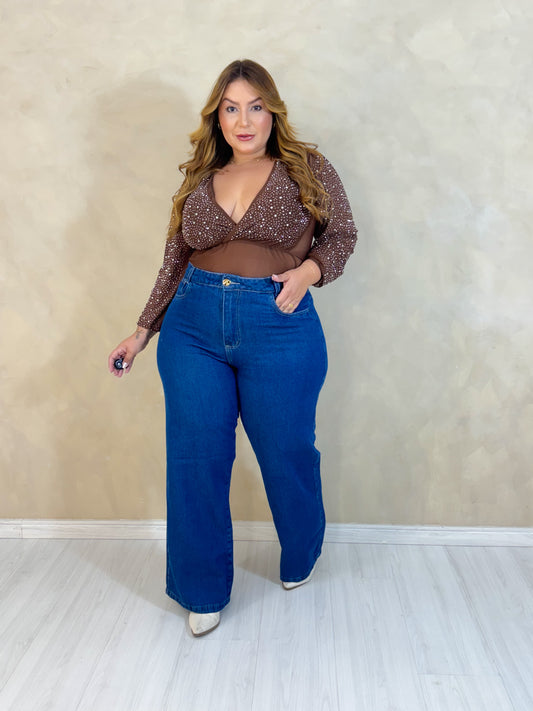 Body Plus Size Com Manga Em Tule - Cód. 0373