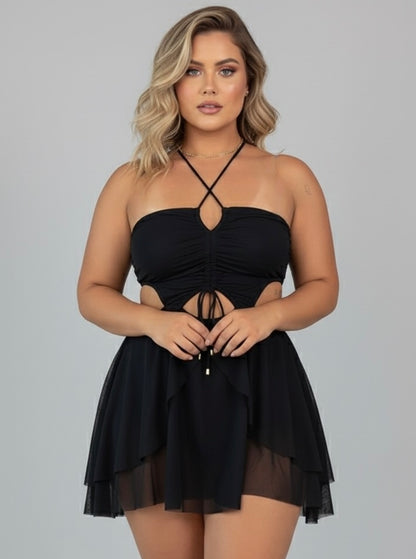 Macaquinho Plus Size Preto Tecido Em Tule - Cód 0415
