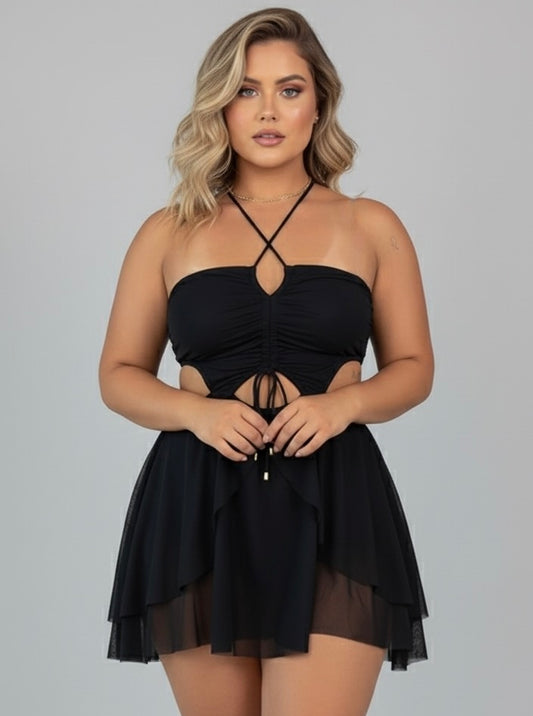Macaquinho Plus Size Preto Tecido Em Tule - Cód 0415