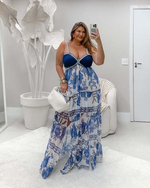 Vestido Plus Size em Tule com Busto Artesanal em Corda Azul - Cód. 0282 ( previsão de envio 15/09)