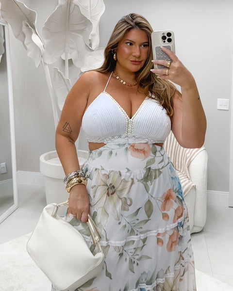 Vestido Plus Size Longo em Tule Floral com Busto Artesanal em Corda Branco - Cód. 0301 ( Previsão de envio dia 15/09)