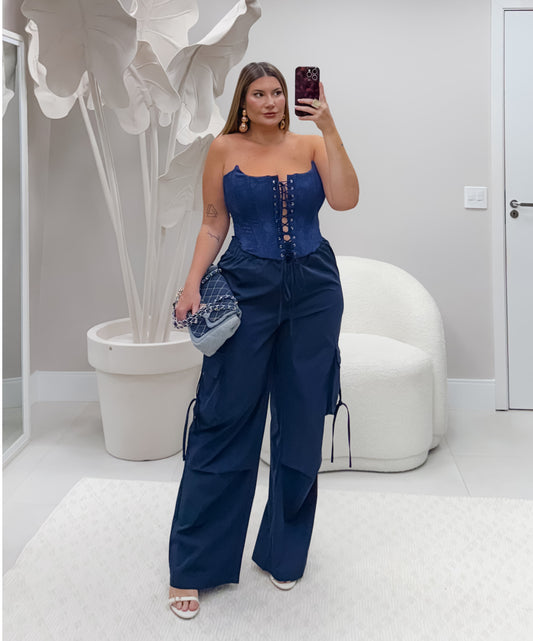 Calça Plus Size Cargo Corta Vento Azul - Cód. 0419