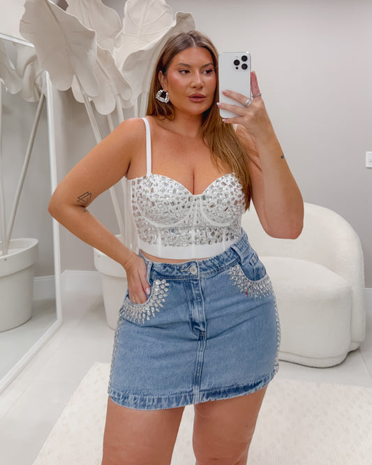 Cropped Plus Size Branco  Em Pedraria - Cód. 0466