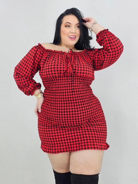 Vestido Plus Size Curto com Lastex Xadrez Vermelho - Cód. 0242