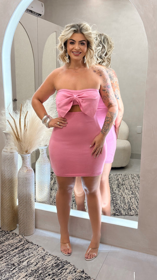 Vestido Plus Size Tomara Que Caia Com Laço Rosa - Cód.0434