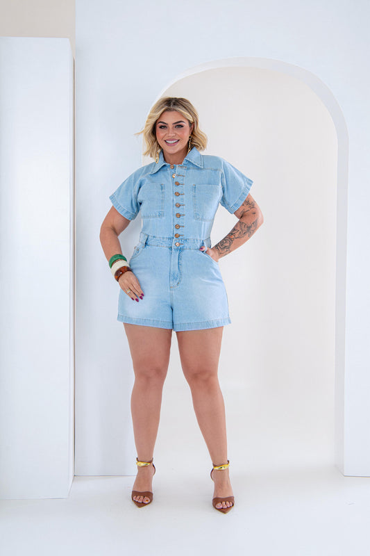 Macaquinho Plus Size Jeans Sem Lycra - Cód. 0322