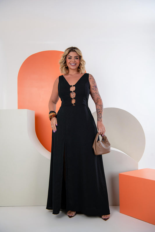 Vestido Plus Size Longo Preto Tecido Air Flow Liso - Cód.0459