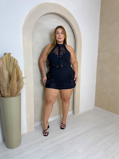 Conjunto Plus Size Preto Neoprene com Tule - Cód.0391