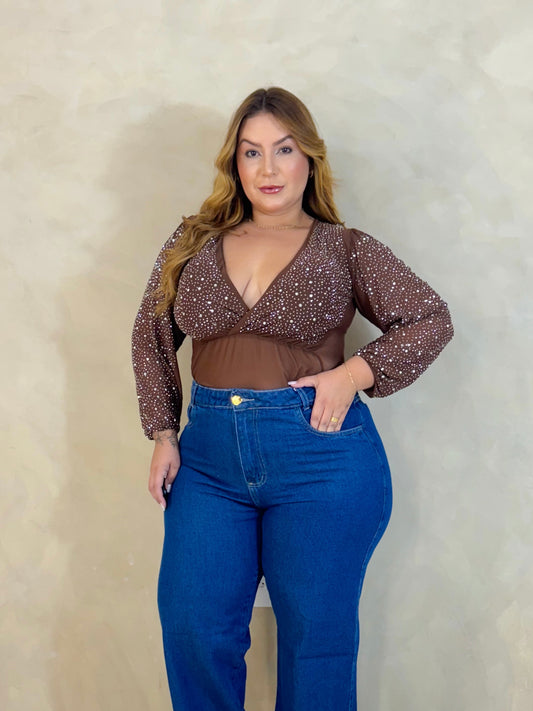 Body Plus Size Com Manga Em Tule - Cód. 0373
