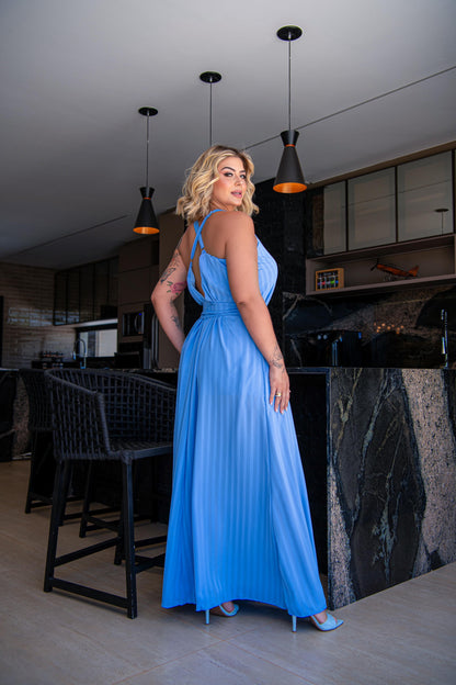 Vestido Plus Size Longo Azul Seda Premium - Cód.0458
