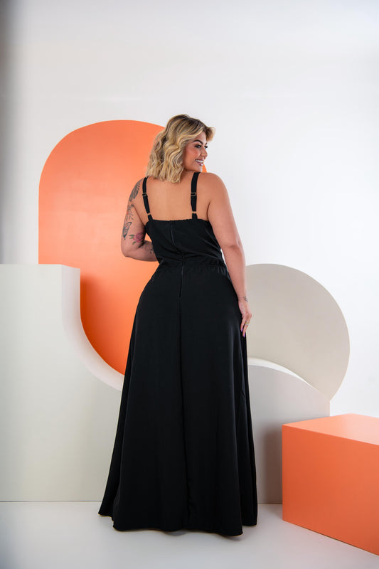 Vestido Plus Size Longo Tecido Alfaiataria Preto - Cód.0449