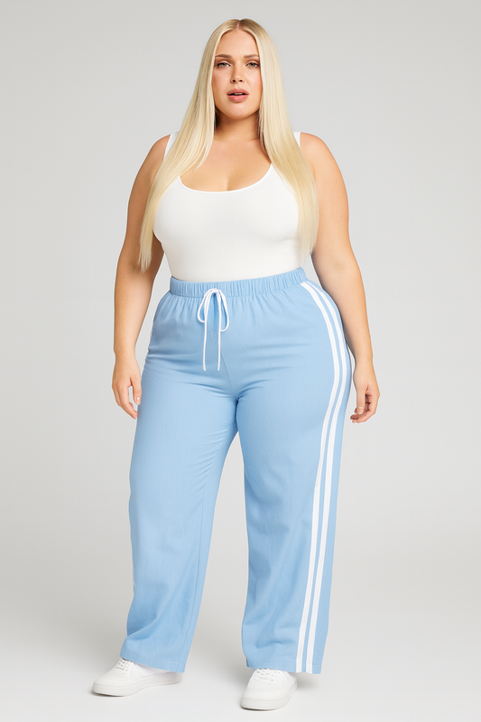 Calça Plus Size Pantalona Azul Com Branco - Cód 0395