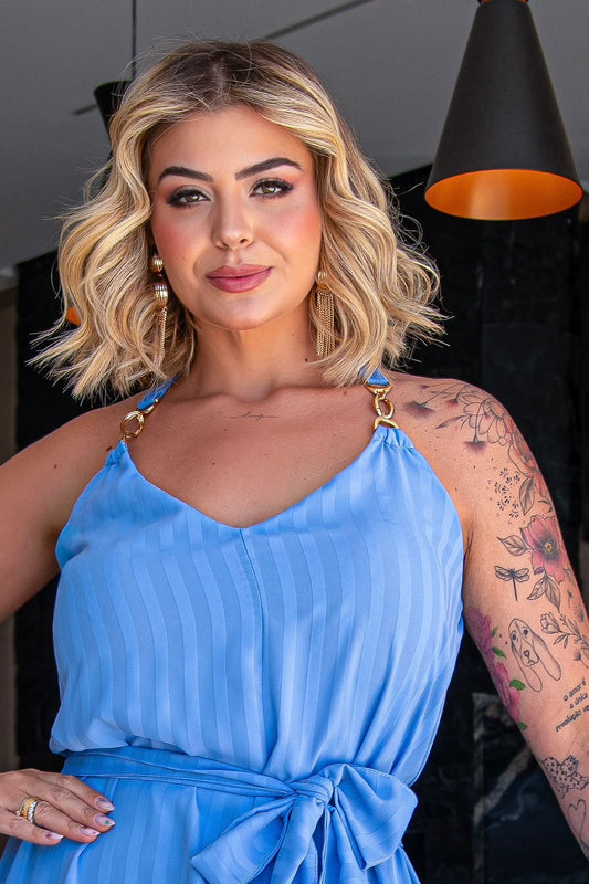 Vestido Plus Size Longo Azul Seda Premium - Cód.0458