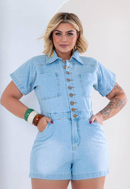 Macaquinho Plus Size Jeans Sem Lycra - Cód. 0322