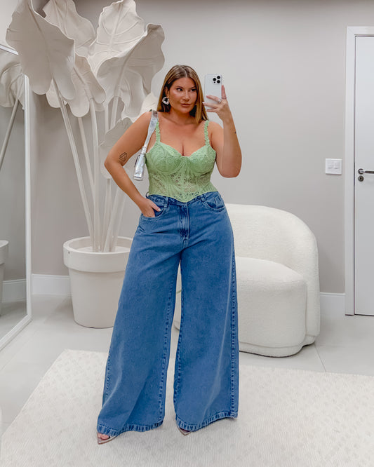 Calça Plus Size Pantalona Jeans Sem Lycra Com Elástico Ajustável Na Cintura - Cód. 0469