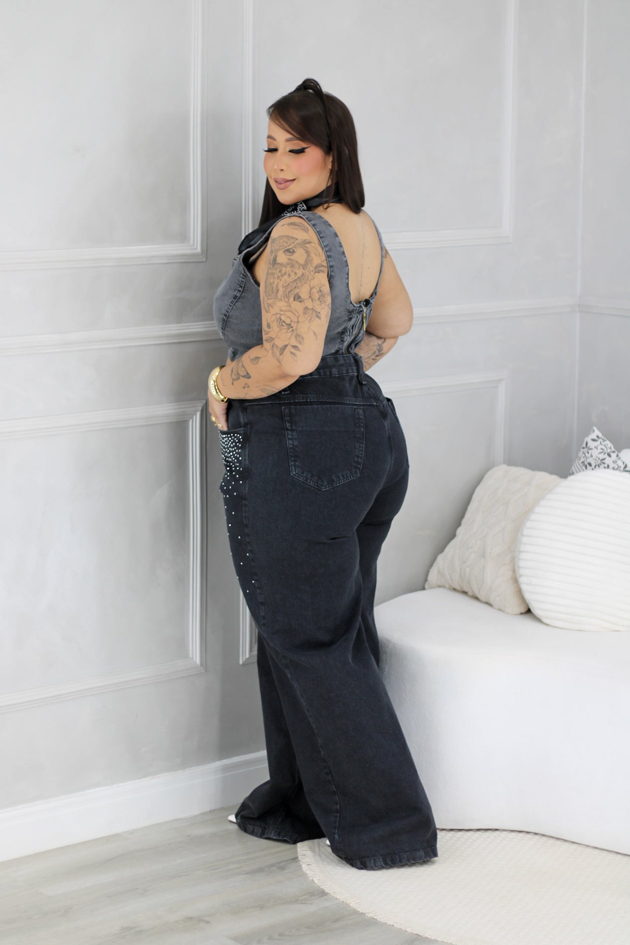 Calça Jeans Plus Size Wide Leg Com Gotas de Strass - Cód 0393