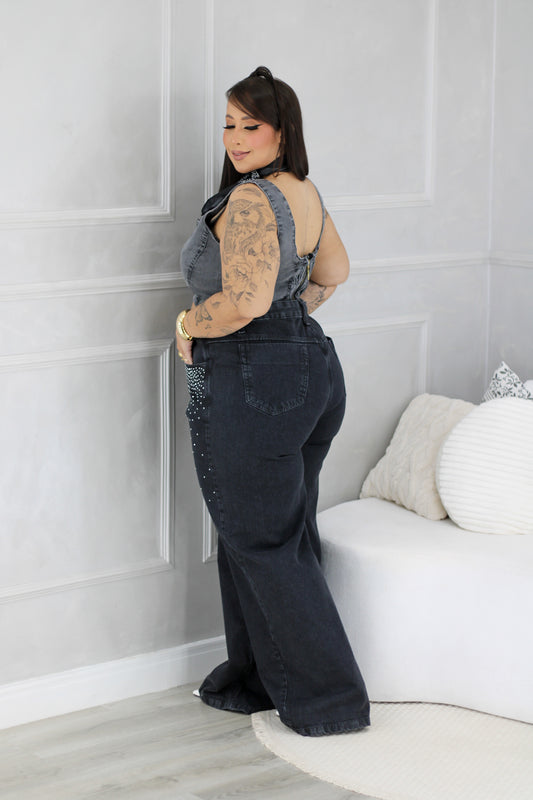 Calça Jeans Plus Size Wide Leg Com Gotas de Strass - Cód 0393