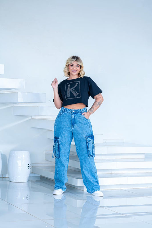 Calça Jeans Plus Size Cargo - Cód 0410