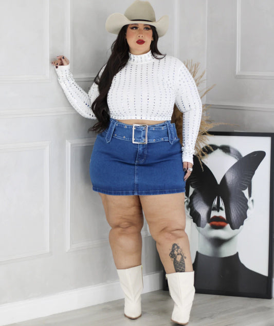 Saia Plus Size Jeans Sem Elastano Com Cinto Fake