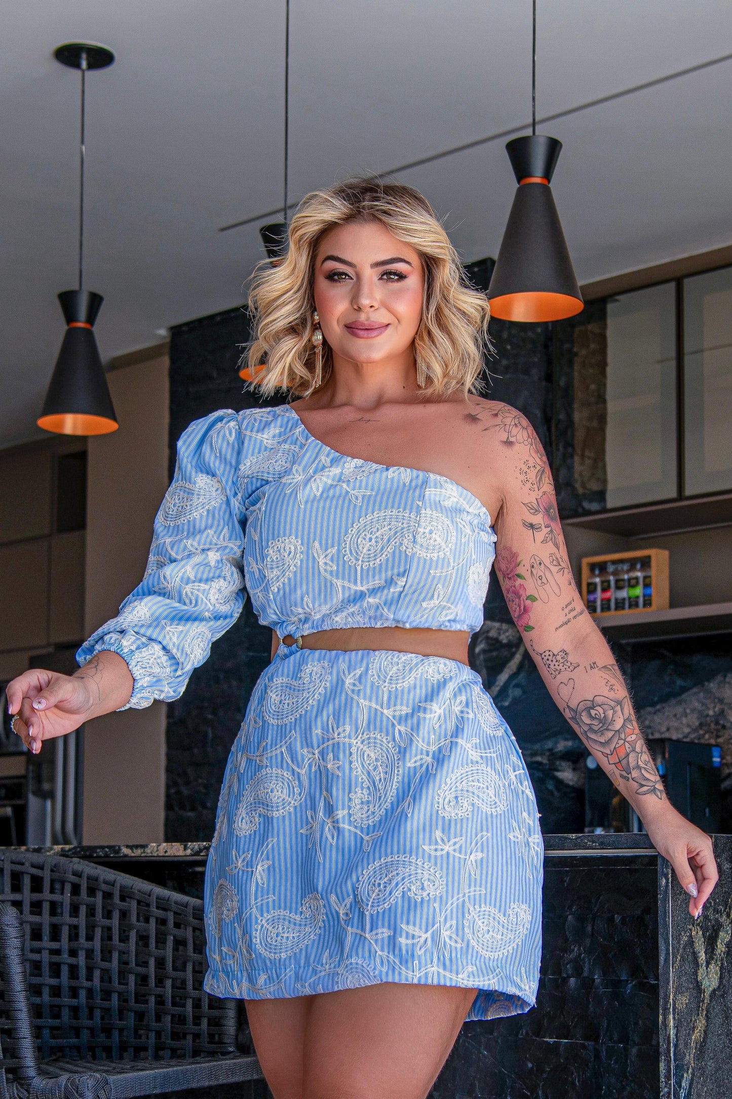 Vestido Plus Size Azul com Branco Laise Bordado - Cód.0457