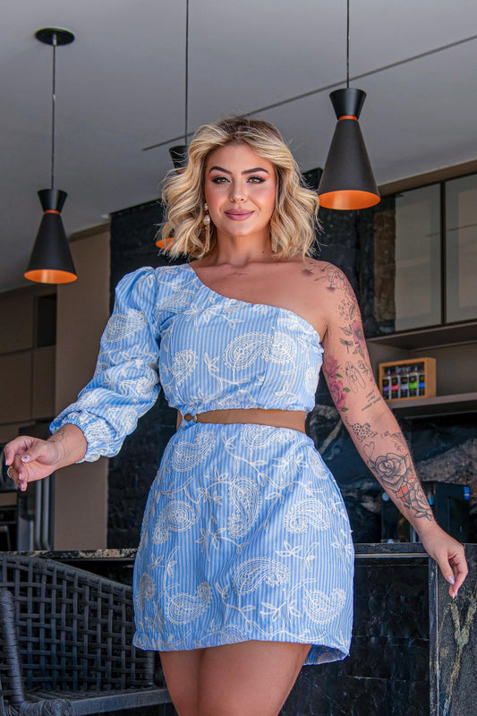 Vestido Plus Size Azul com Branco Laise Bordado - Cód.0457