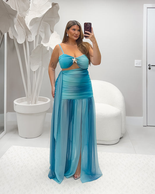 Vestido Plus Size Em Tule Azul - Cód.0379