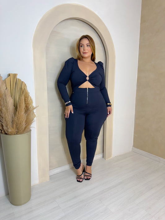 Macacão Plus Size Preto Longo com Mangas Longas - Cód 0401