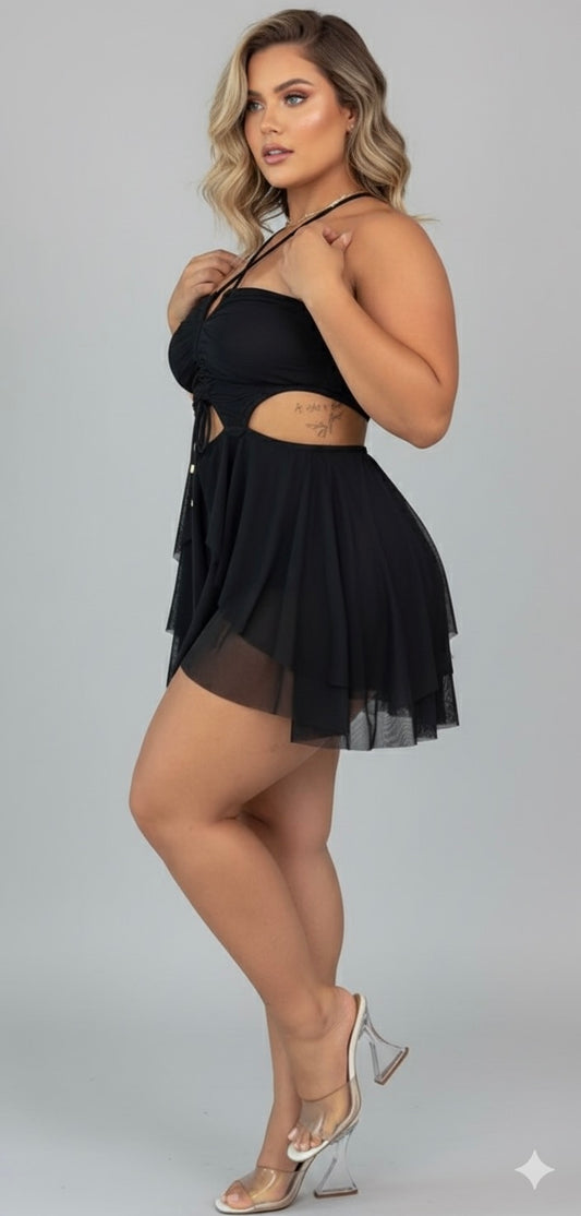 Macaquinho Plus Size Preto Tecido Em Tule - Cód 0415