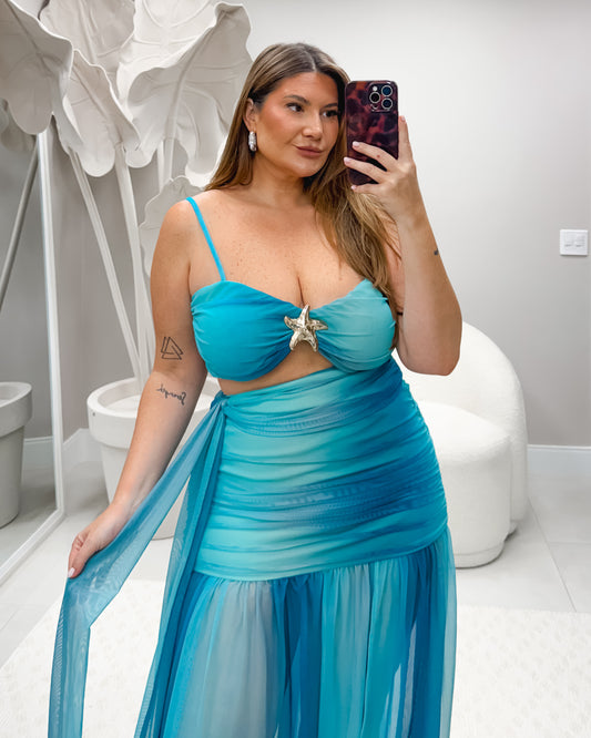 Vestido Plus Size Em Tule Azul - Cód.0379