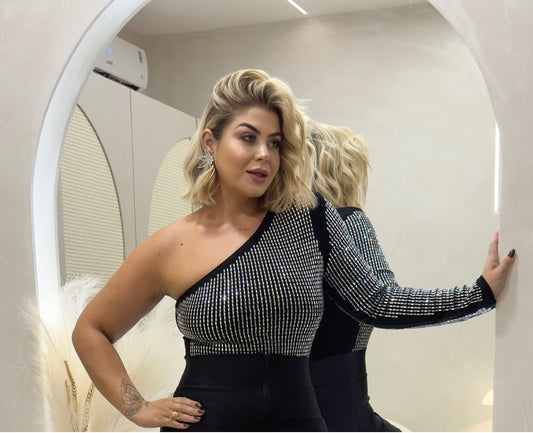 Body Plus Size Em Malha Com Aplicação Em Strass Preto - Cód. 0015