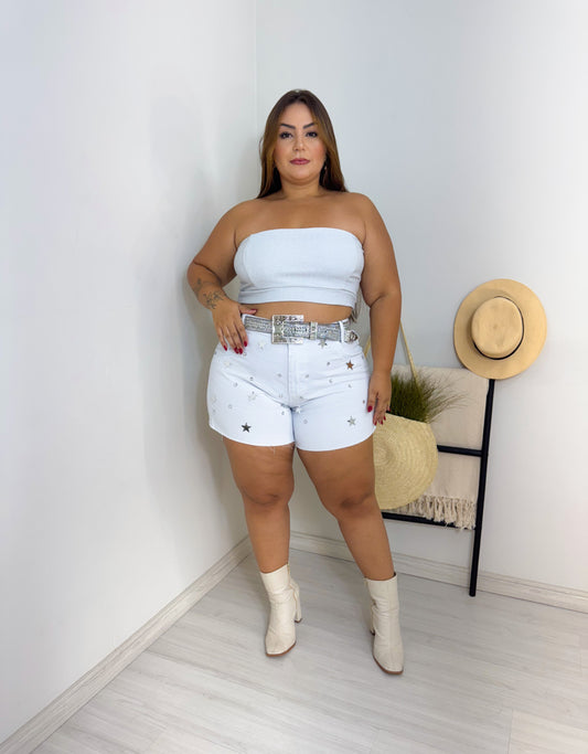 Short Plus Size Jeans Branco (Não acompanha o cinto) - Cód. 0204