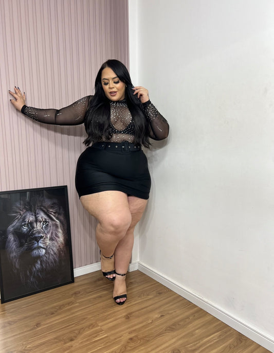 Short-Saia Plus Size em Poliamida Preto - Cód. 0219