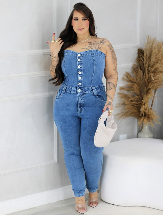 Macacão Plus Size Jeans Com Lycra - Cód.0435