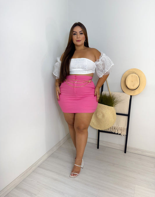 Short-Saia Plus Size em Bengaline Rosa - Cód. 0214