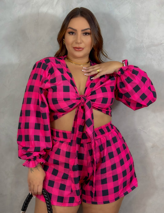 Conjunto Plus Size Xadrez Rosa em Viscose - Cód. 0105