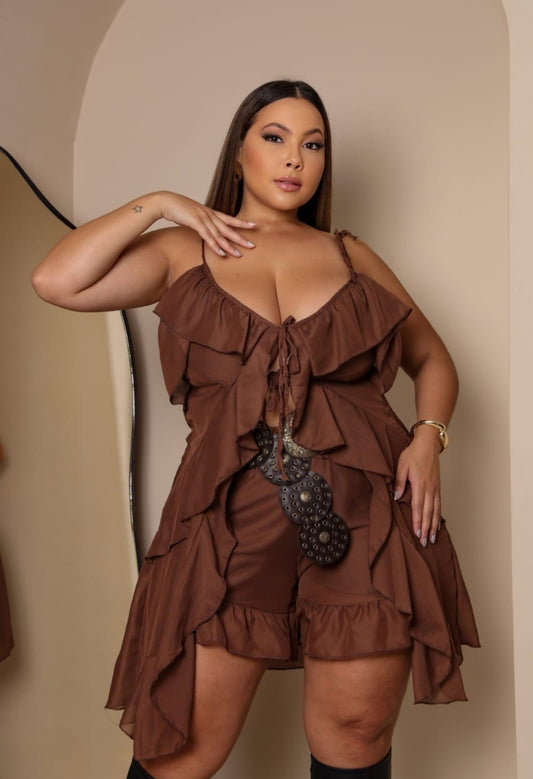 Conjunto Plus Size Boho em Sedinha Marrom - Cód. 0077