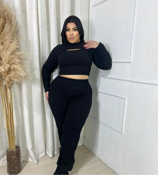 Conjunto Plus Size Canelado Preto - Cód. 0079