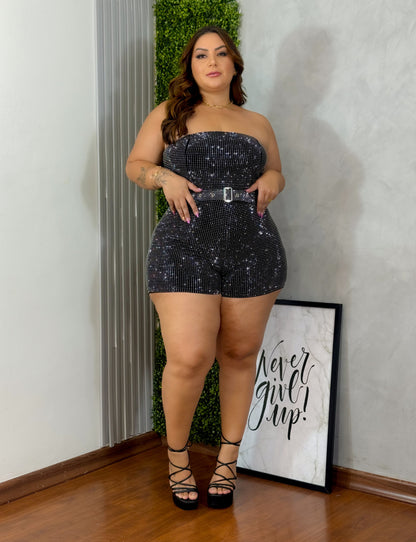 Macaquinho Plus Size em Lurex Preto - Cód. 0174