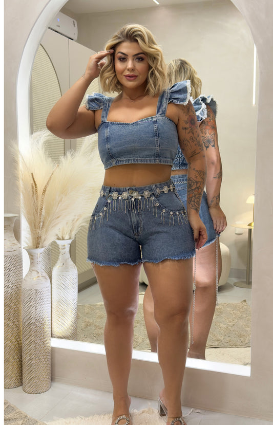 Short Plus Size Jeans sem lycra Com Aplicação (Não acompanha o cinto) - Cód. 0209