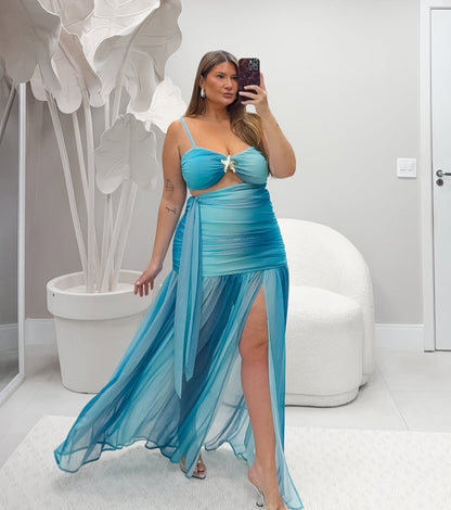 Vestido Plus Size Em Tule Azul - Cód.0379
