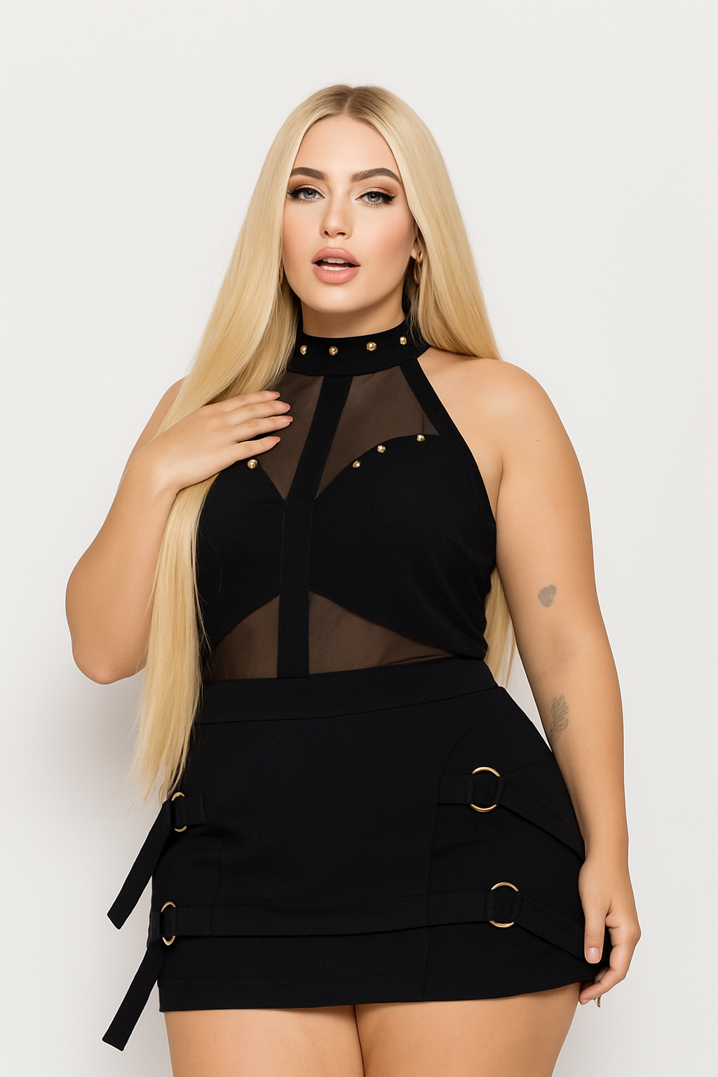 Conjunto Plus Size Preto Neoprene com Tule - Cód.0391