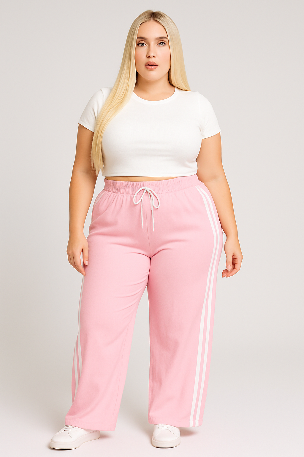 Calça Plus Size Pantalona Rosa Com Branco - Cód 0396