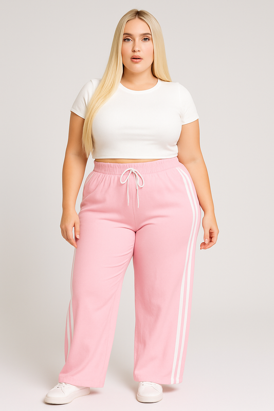 Calça Plus Size Pantalona Rosa Com Branco - Cód 0396