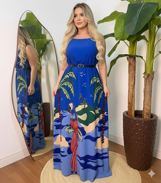 Vestido Plus Size Fundo Azul De Alça- Cód.0445