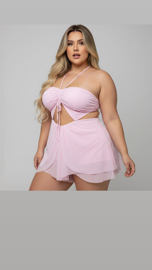 Macaquinho Plus Size Em Tule Rosa - Cód.0453